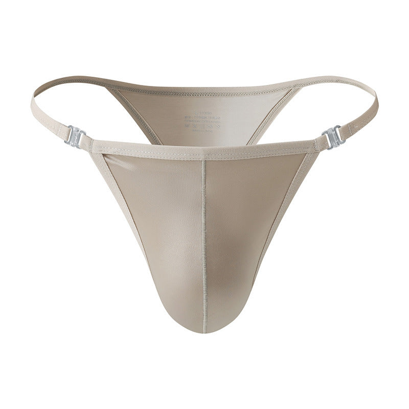 Men's High Cut Thong Ice Silk Hollow Out Metal Buckle Bulge Pouch Nightclub Underwear