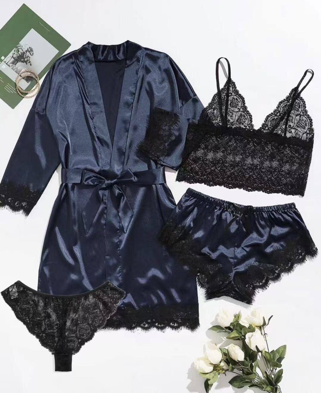 Luxury Satin Lace 4 Piece Sleepwear Set Silky Robe and Lingerie
