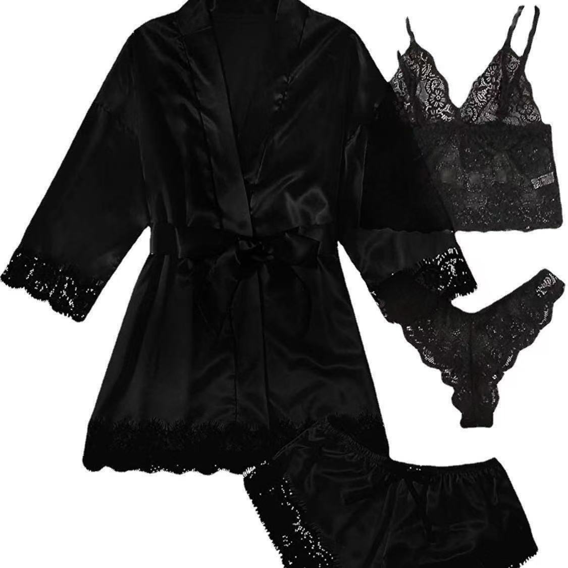 Luxury Satin Lace 4 Piece Sleepwear Set Silky Robe and Lingerie