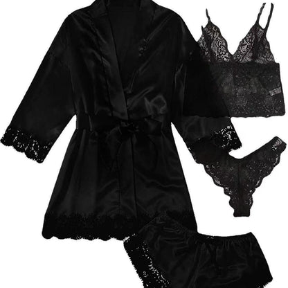 Luxury Satin Lace 4 Piece Sleepwear Set Silky Robe and Lingerie