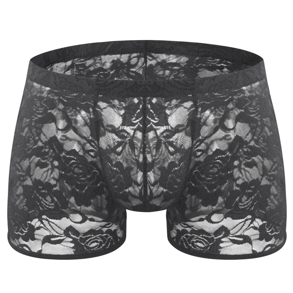 Rose Lace Sheer Boxer Briefs Low-Rise One-Size Floral Mesh