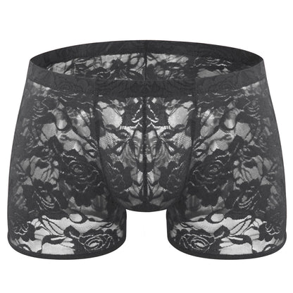 Rose Lace Sheer Boxer Briefs Low-Rise One-Size Floral Mesh