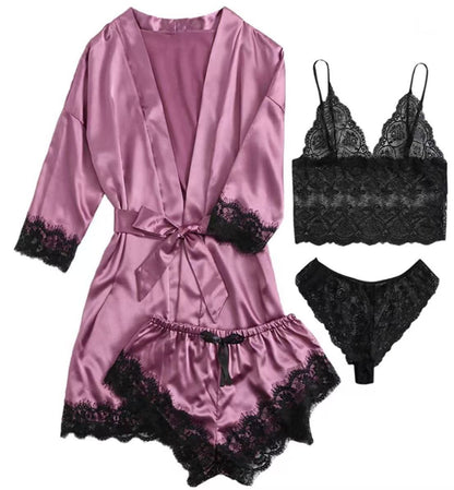 Luxury Satin Lace 4 Piece Sleepwear Set Silky Robe and Lingerie
