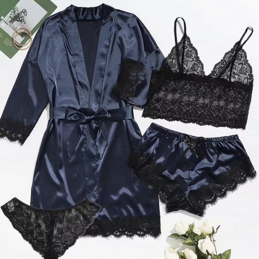 Luxury Satin Lace 4 Piece Sleepwear Set Silky Robe and Lingerie