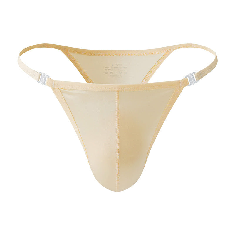 Men's High Cut Thong Ice Silk Hollow Out Metal Buckle Bulge Pouch Nightclub Underwear