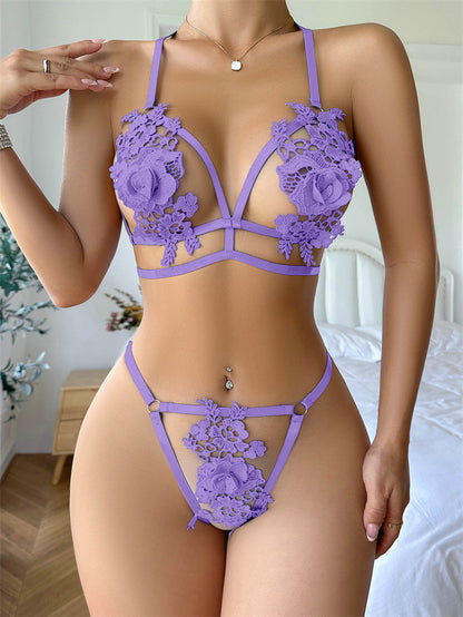 3D Rose Lace Sheer Crotchless Teddy Lingerie