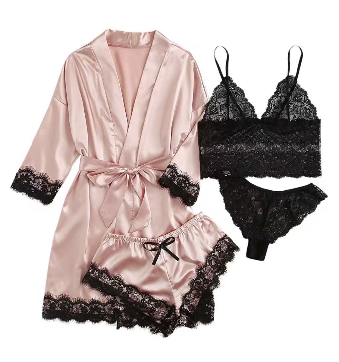 Luxury Satin Lace 4 Piece Sleepwear Set Silky Robe and Lingerie
