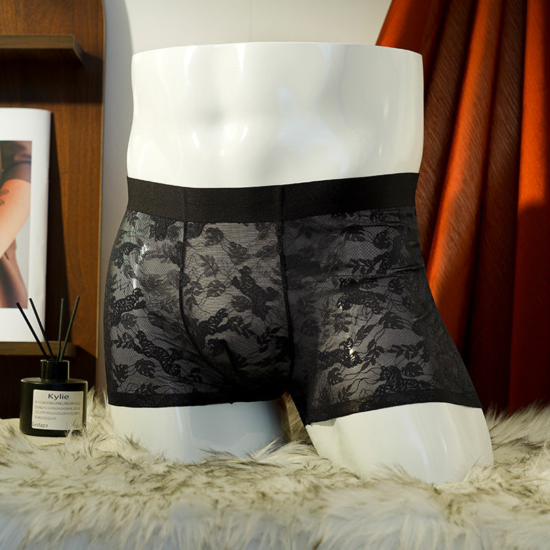 Men's Jacquard Lace Boxer Briefs - Mid Rise Antibacterial Silk Gusset