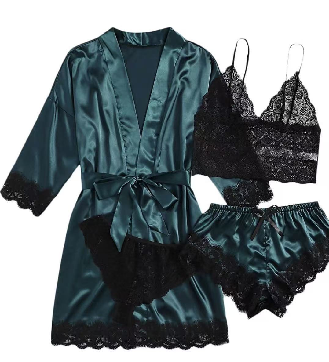 Luxury Satin Lace 4 Piece Sleepwear Set Silky Robe and Lingerie