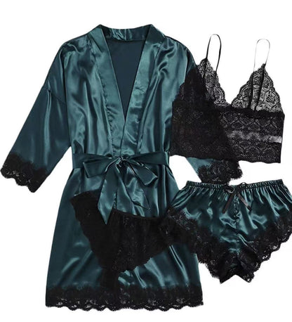 Luxury Satin Lace 4 Piece Sleepwear Set Silky Robe and Lingerie