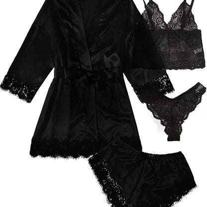 Luxury Satin Lace 4 Piece Sleepwear Set Silky Robe and Lingerie