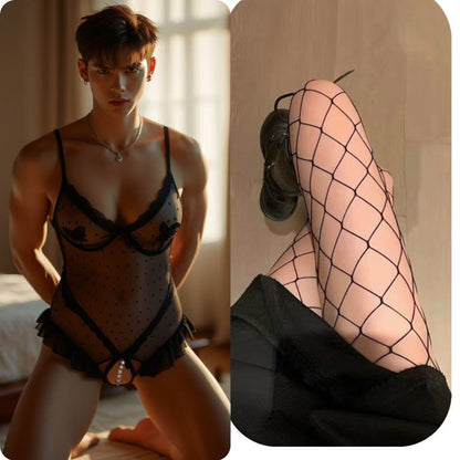 Plus Size Crotchless Pearl Massage Teddy Sheer Lace Bundle