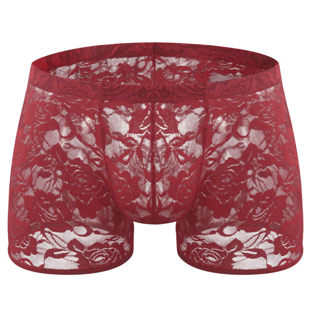 Rose Lace Sheer Boxer Briefs Low-Rise One-Size Floral Mesh