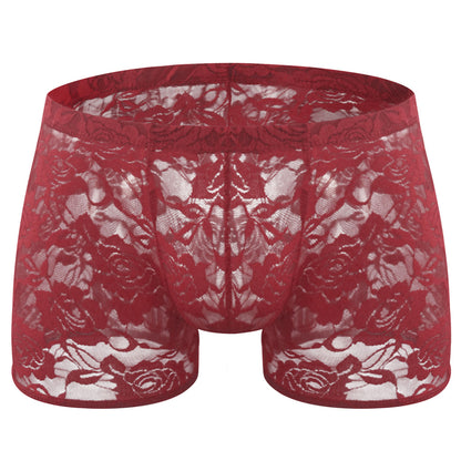 Rose Lace Sheer Boxer Briefs Low-Rise One-Size Floral Mesh