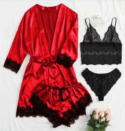 Luxury Satin Lace 4 Piece Sleepwear Set Silky Robe and Lingerie