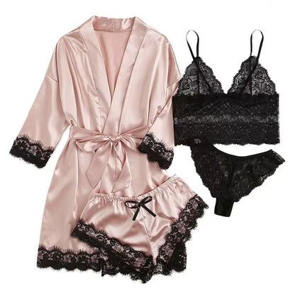Luxury Satin Lace 4 Piece Sleepwear Set Silky Robe and Lingerie