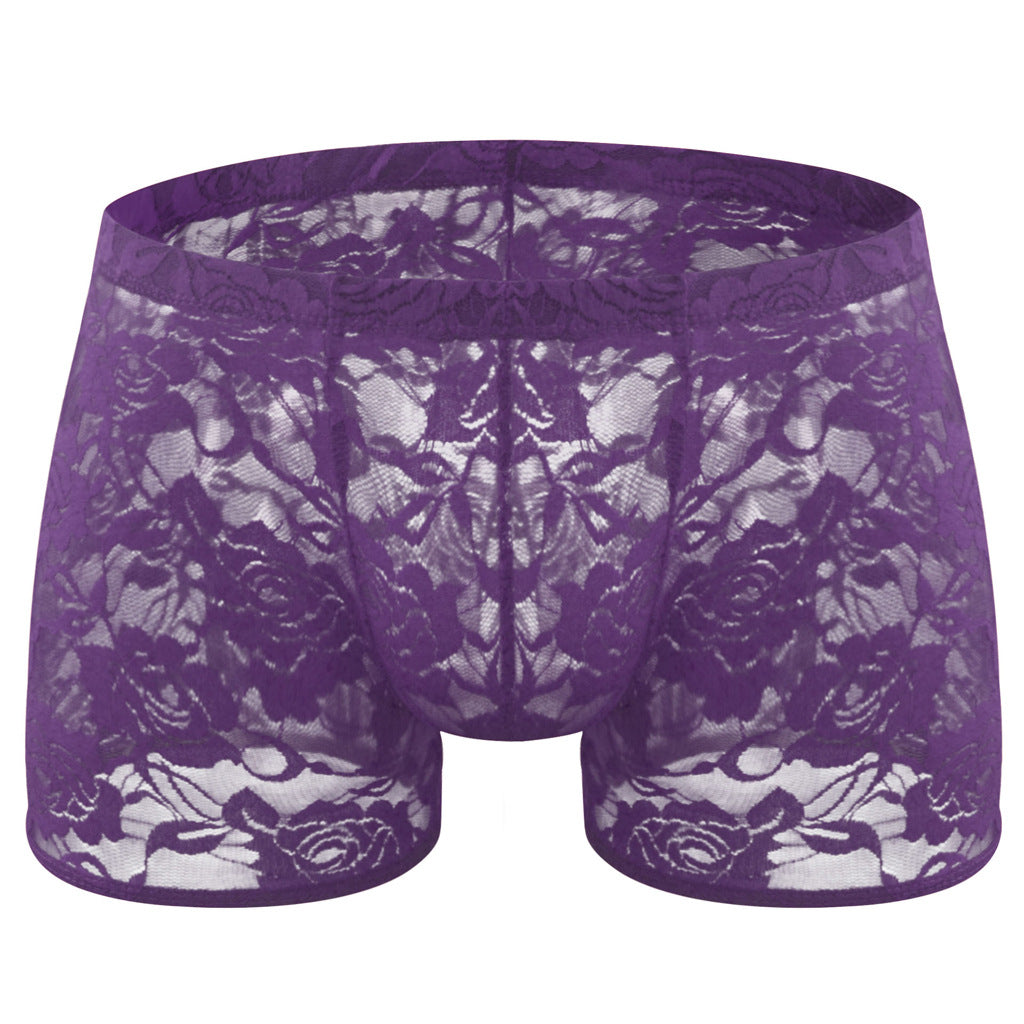 Rose Lace Sheer Boxer Briefs Low-Rise One-Size Floral Mesh