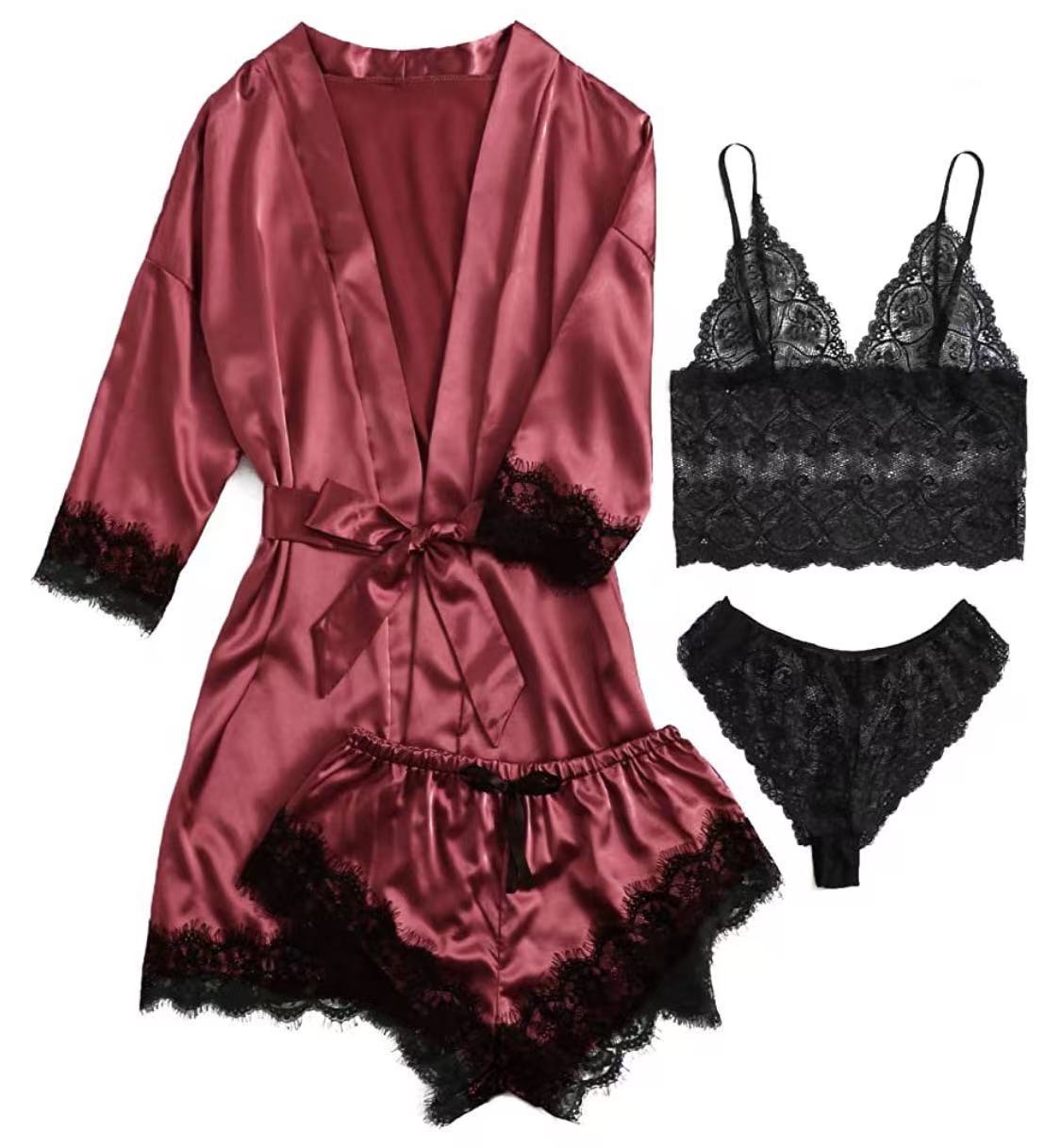Luxury Satin Lace 4 Piece Sleepwear Set Silky Robe and Lingerie