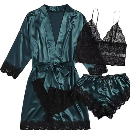 Luxury Satin Lace 4 Piece Sleepwear Set Silky Robe and Lingerie
