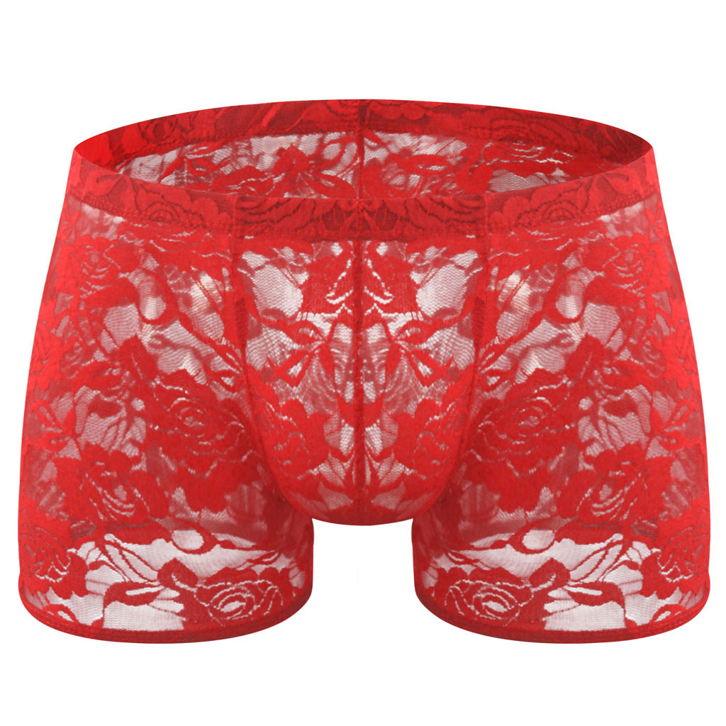 Rose Lace Sheer Boxer Briefs Low-Rise One-Size Floral Mesh