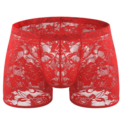 Rose Lace Sheer Boxer Briefs Low-Rise One-Size Floral Mesh