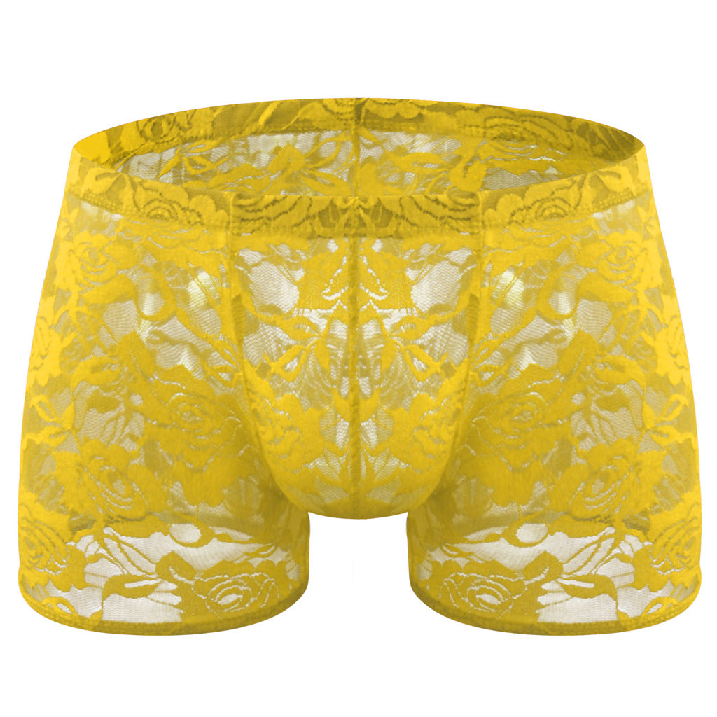 Rose Lace Sheer Boxer Briefs Low-Rise One-Size Floral Mesh