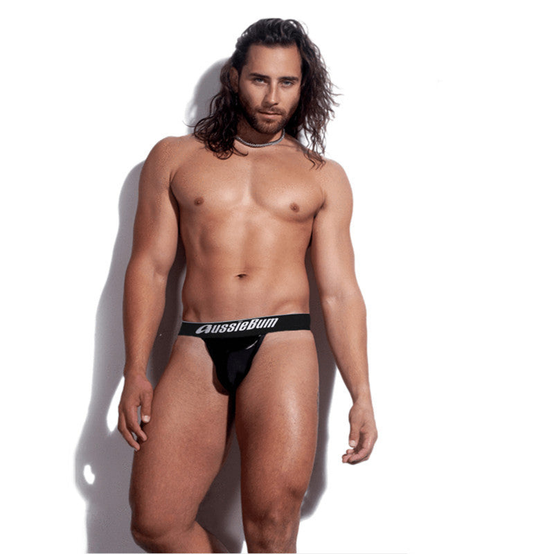 Men's Patent Leather Thong U-Pouch Low Rise Briefs Black S-XXL