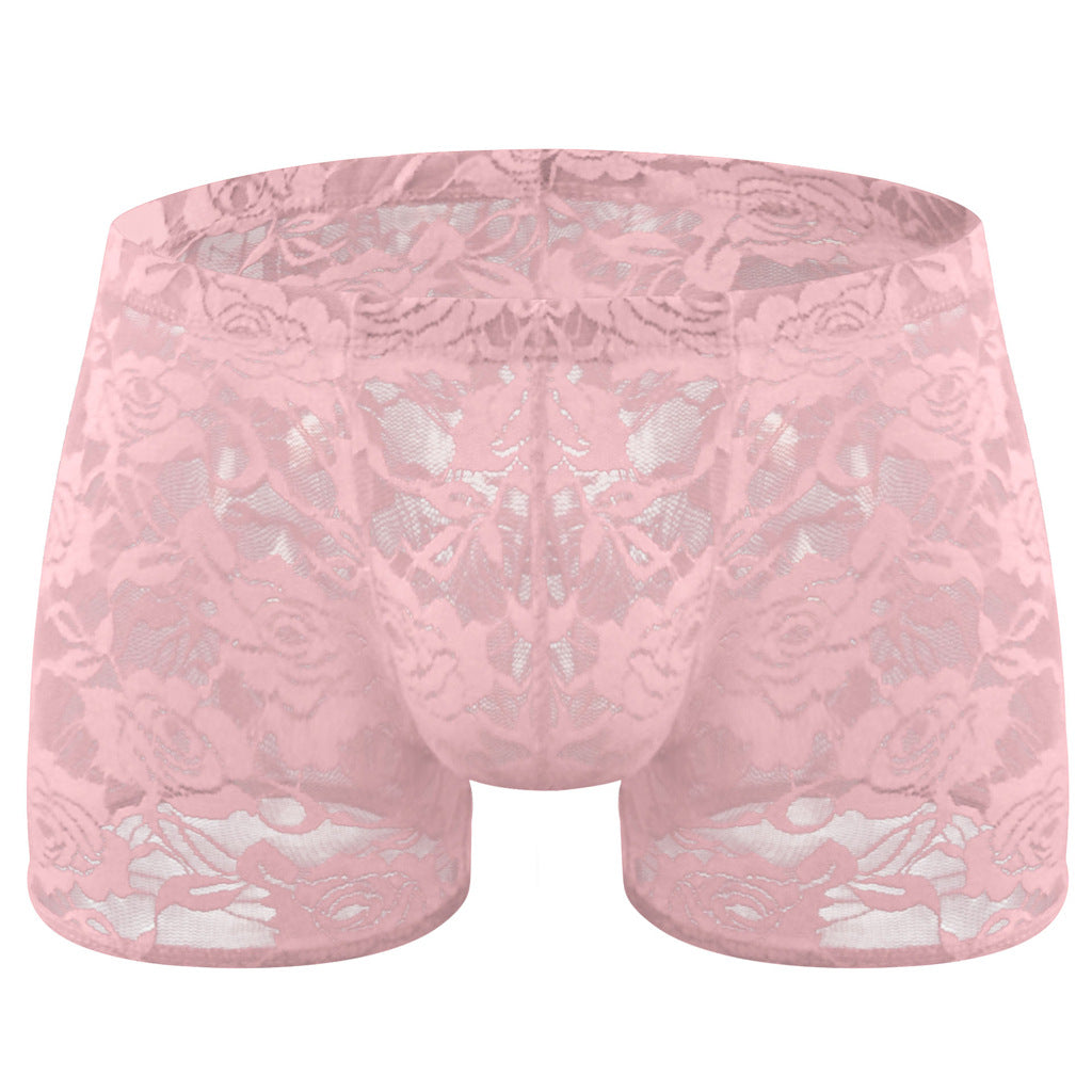 Rose Lace Sheer Boxer Briefs Low-Rise One-Size Floral Mesh