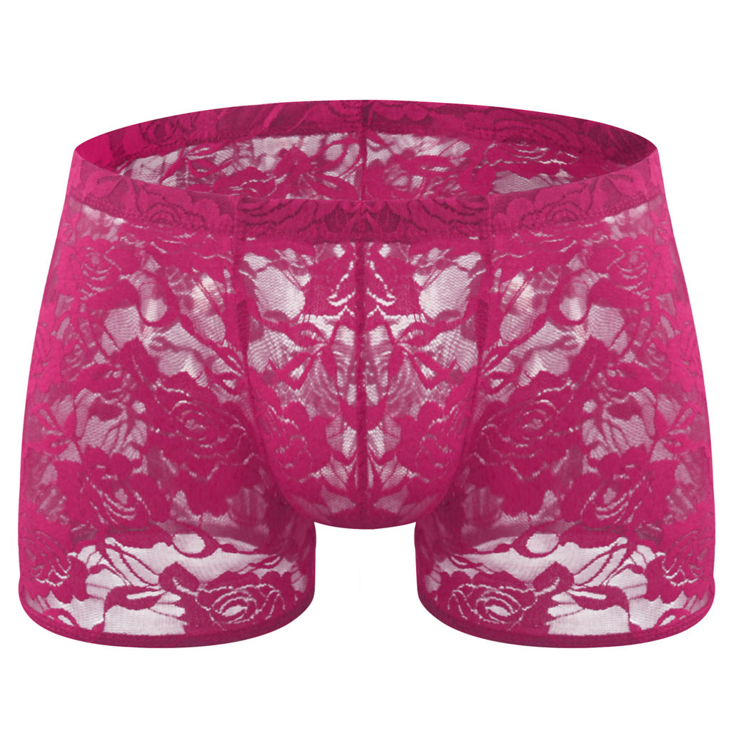 Rose Lace Sheer Boxer Briefs Low-Rise One-Size Floral Mesh