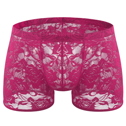 Rose Lace Sheer Boxer Briefs Low-Rise One-Size Floral Mesh