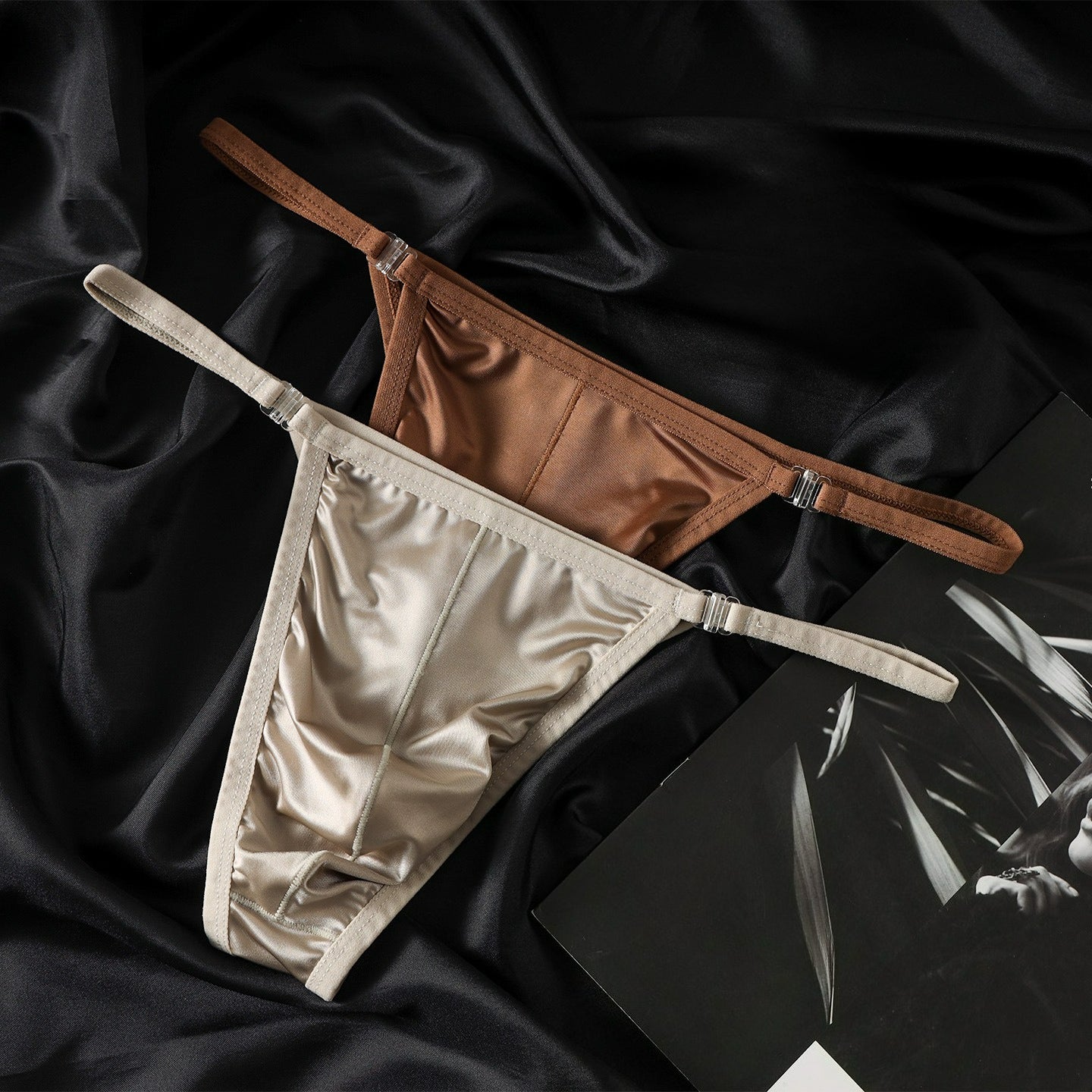Men's High Cut Thong Ice Silk Hollow Out Metal Buckle Bulge Pouch Nightclub Underwear